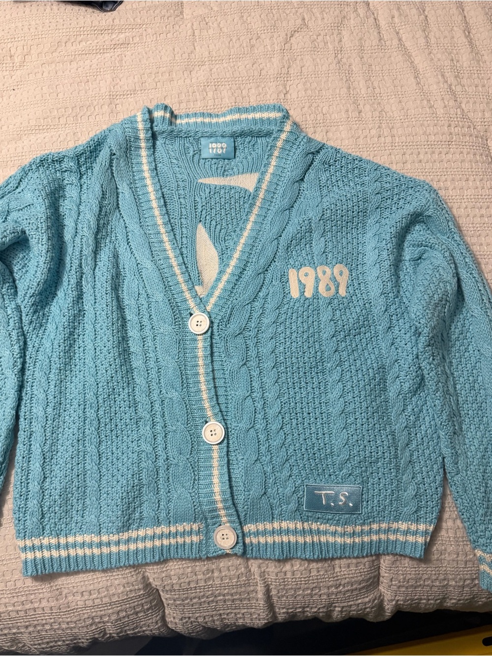 Taylor Swift Light Blue 1989 Cable Knit Cardigan with Cream Trim